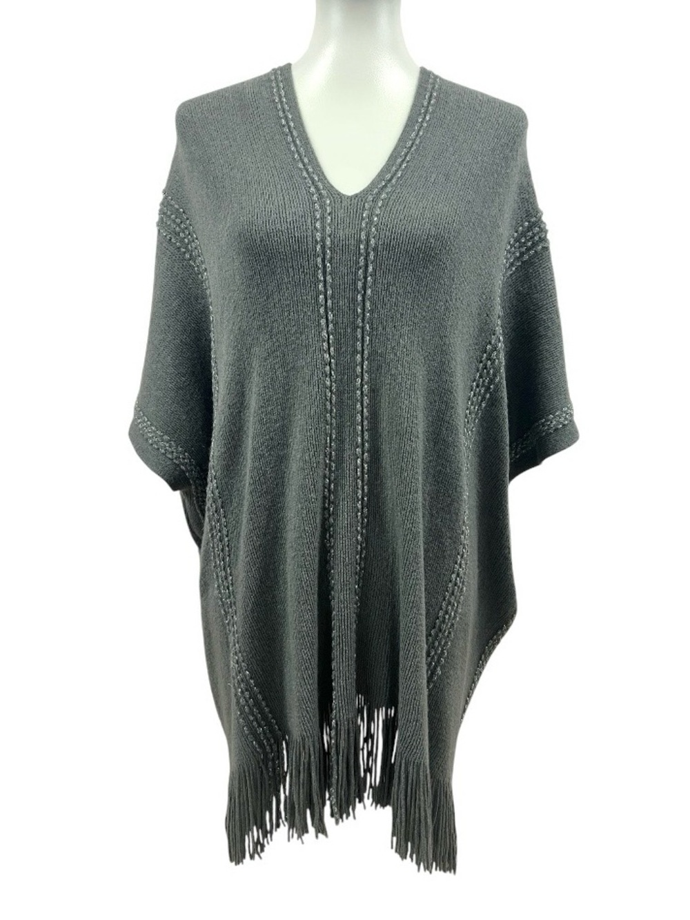 Charlie Paige Boho Fringe Metallic Striped Pullover Poncho Cape Sweater